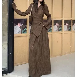 Women's Brown Skirt Sets Vintage High Waist A-Line Long Skirt and Off Shoulder Shirt Slim Vintage Y2k 90s Elegant 2000s Clothes