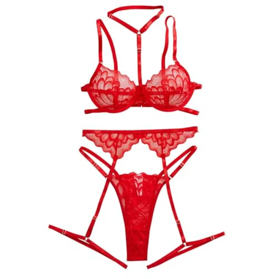 

Lingerie Sets For Women Sexy Choker Floral Lace Underwire Push Up Garter Belt Exotic Bra And Panty 3 Pcs
