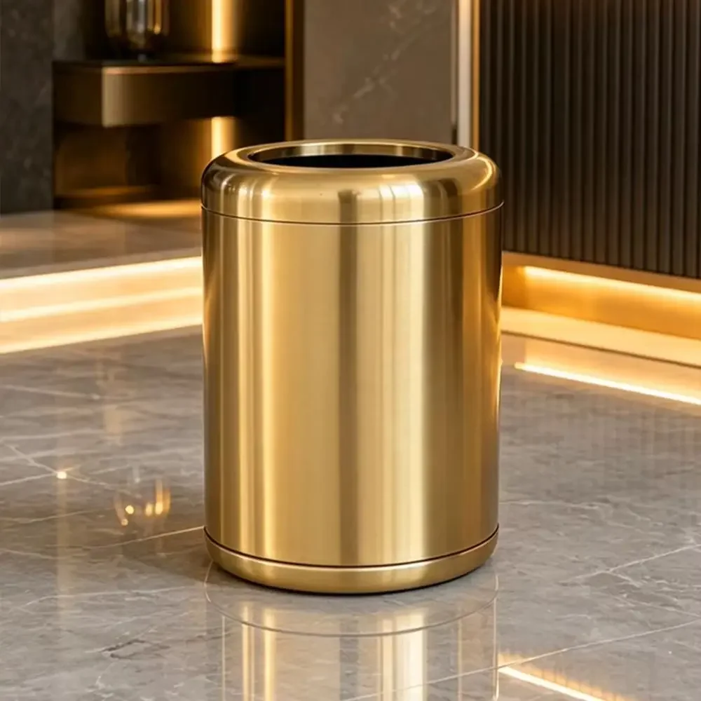 8L/2.4gal New Gold Stainless Steel Trash Can - Stylish Double-Layer Minimalist Bin for Home Living Room, Hotel