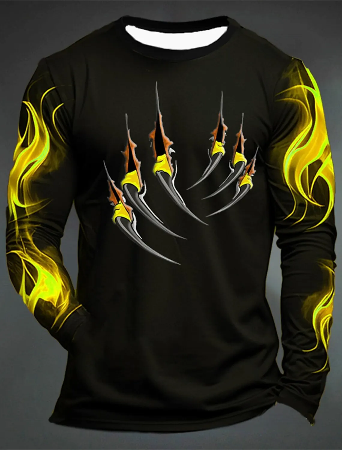 3D Printed Flame Scratch Pattern 3D Printed Autumn Men\'s Crew Neck T-Shirt Casual Long Sleeve Oversized Pullover Fashion Tops