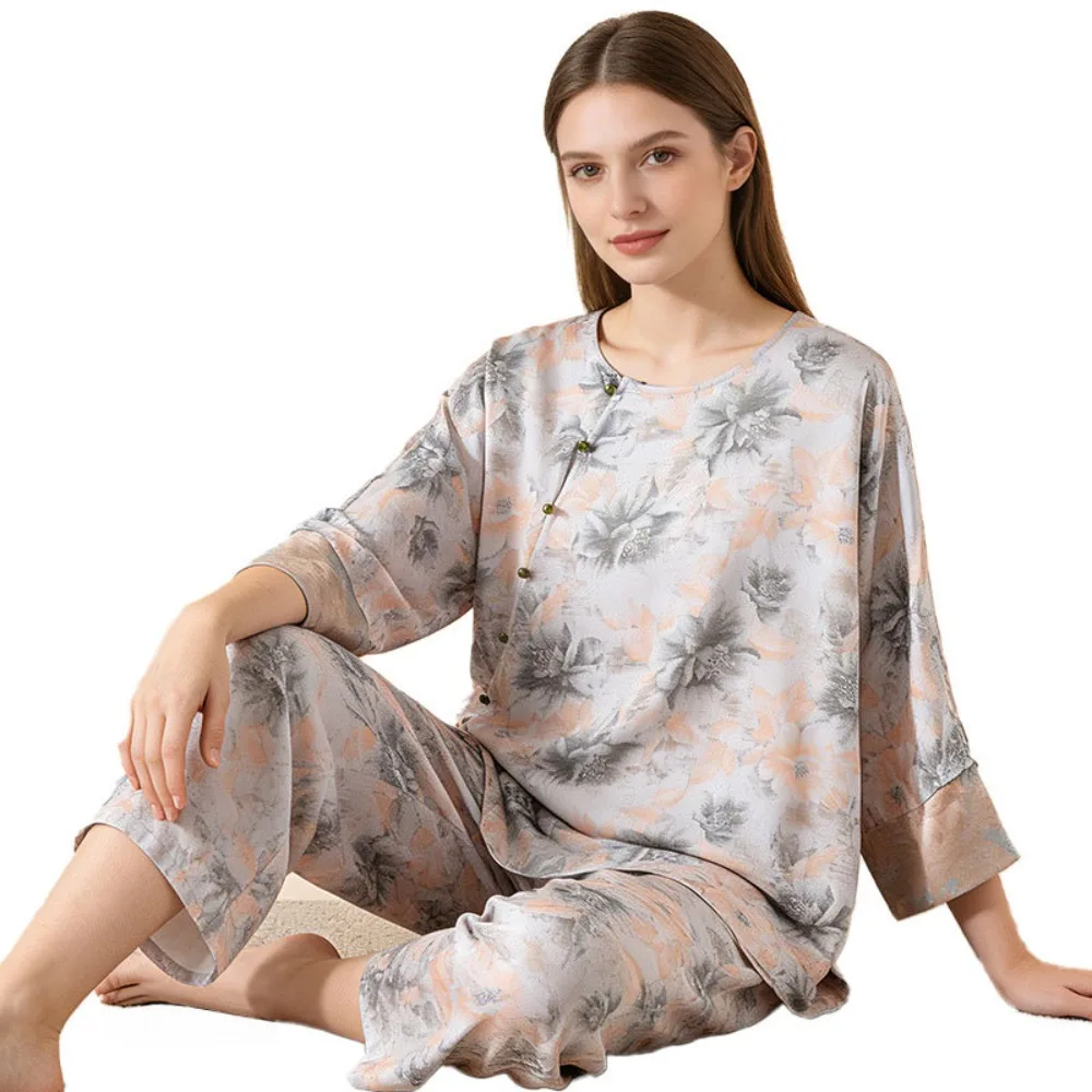 

Женская пижама с ретро-принтом, комплект из 2 предметов, весна-осень 2026, с длинным рукавом, для сна