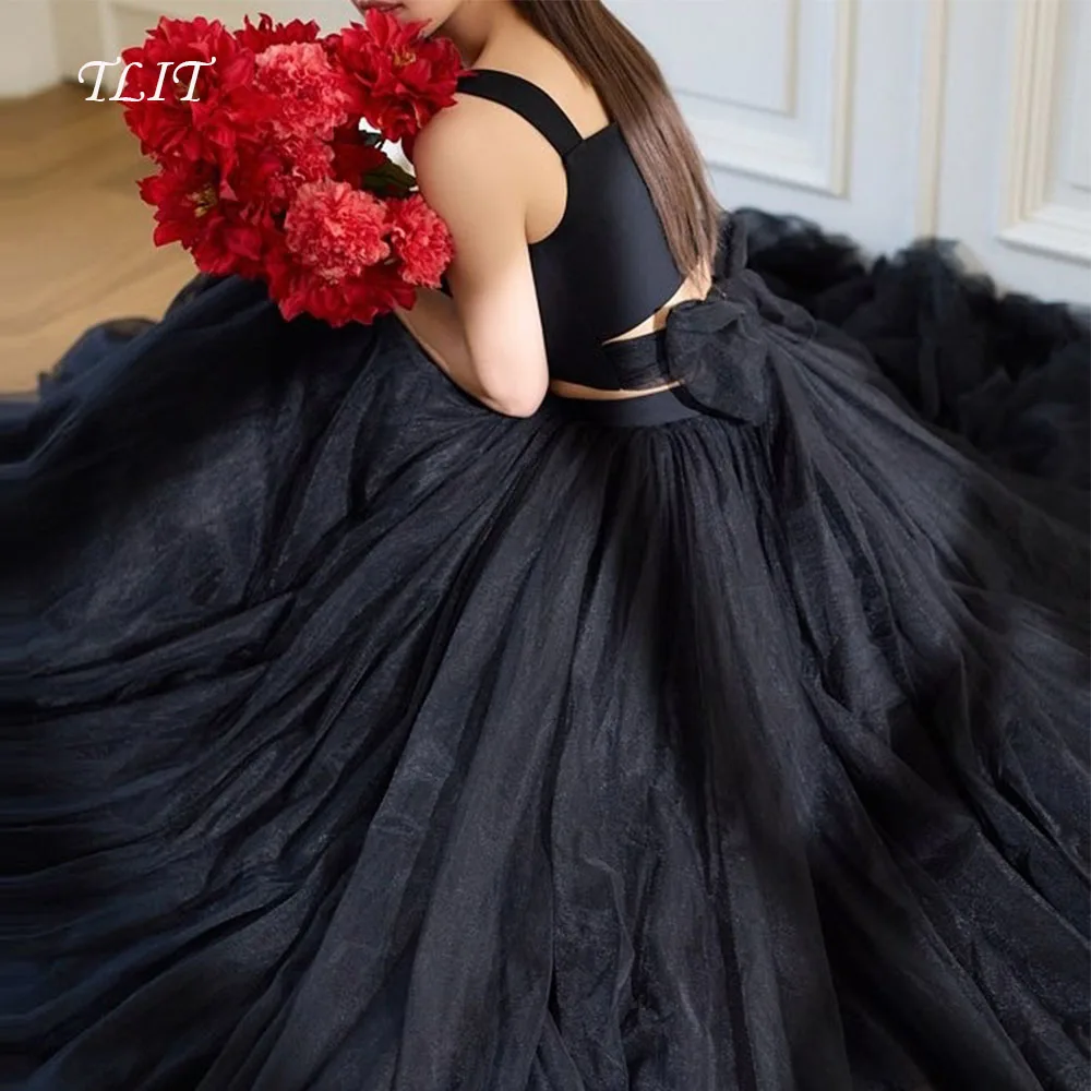 TLIT Simple Black Two-Piece Tulle Evening Dresses Customized Korea Wedding Dresses Photo Shoot Spaghetti Strap Criss-Cross Gown