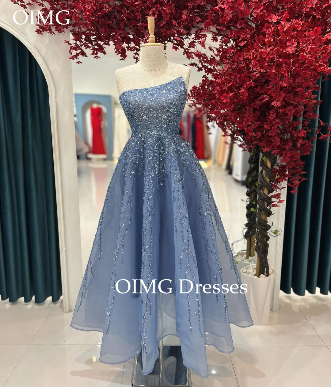 

OIMG Saudi Strapless Sequined Prom Dresses Sleeveless A-Line Blue Backless Vintage Simple Evening Gowns Formal Party Dress