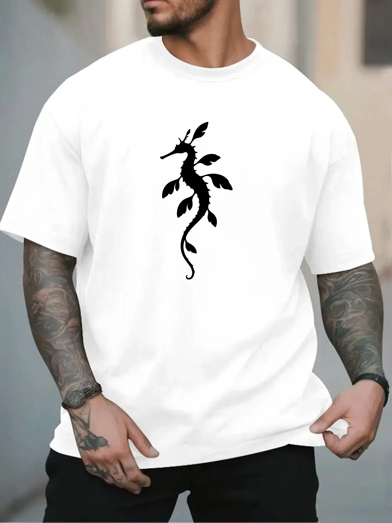 Fashion Mens Black Basic Tee Single White Leafy Sea Dragon Silhouette Ocean Creature Minimal Art Casual Short Sleeve Shirts
