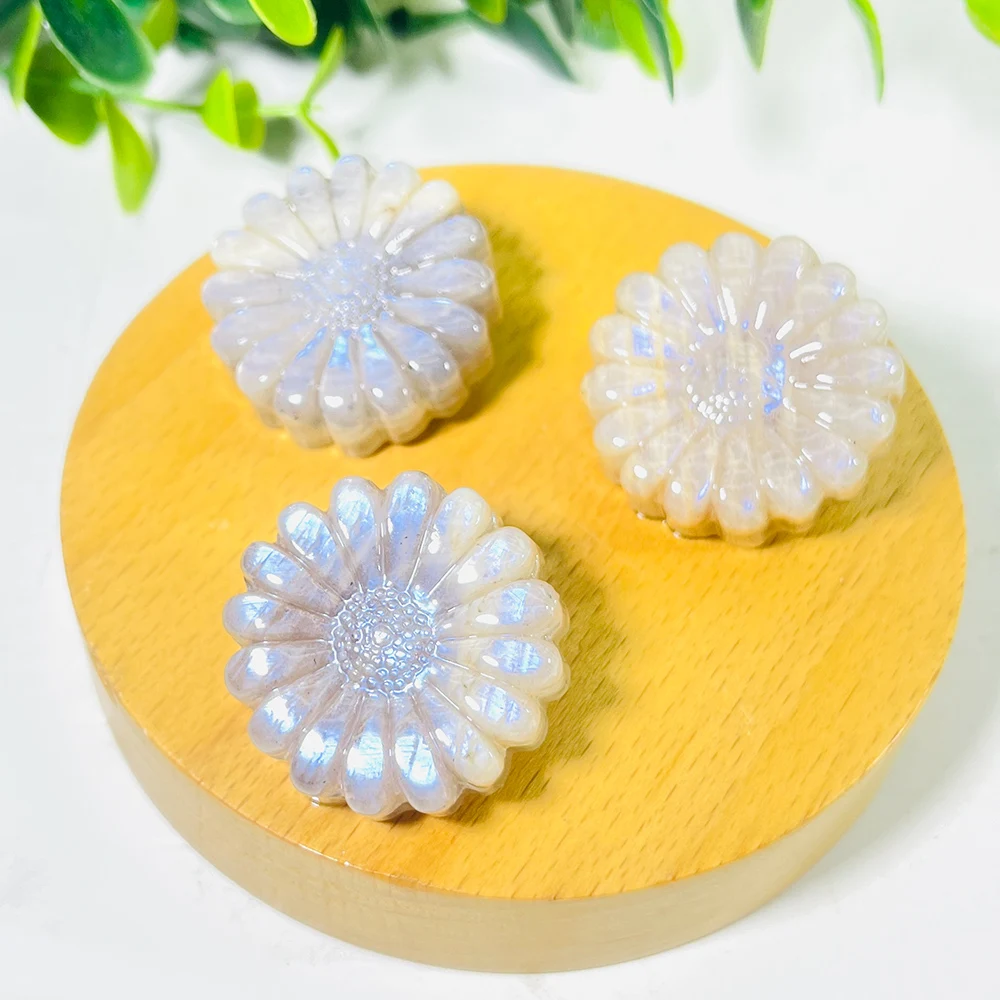 Sculpture de tournesol en pierre de lune bleue, fleurs de Quartz sculptées à la main, décoration de pierres de guérison, cadeaux naturels, décoration florale pour la maison, 1 pièce