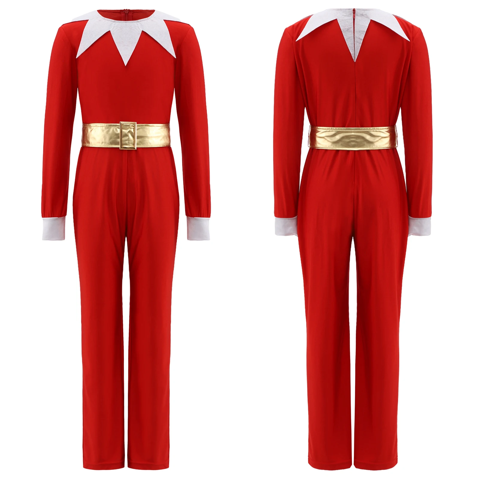 

Boys Girls Christmas Santa Claus Costume Elf Outfit Long Sleeve Zipper Jumpsuit with Waistbelt for Festival Xmas Cosplay Party