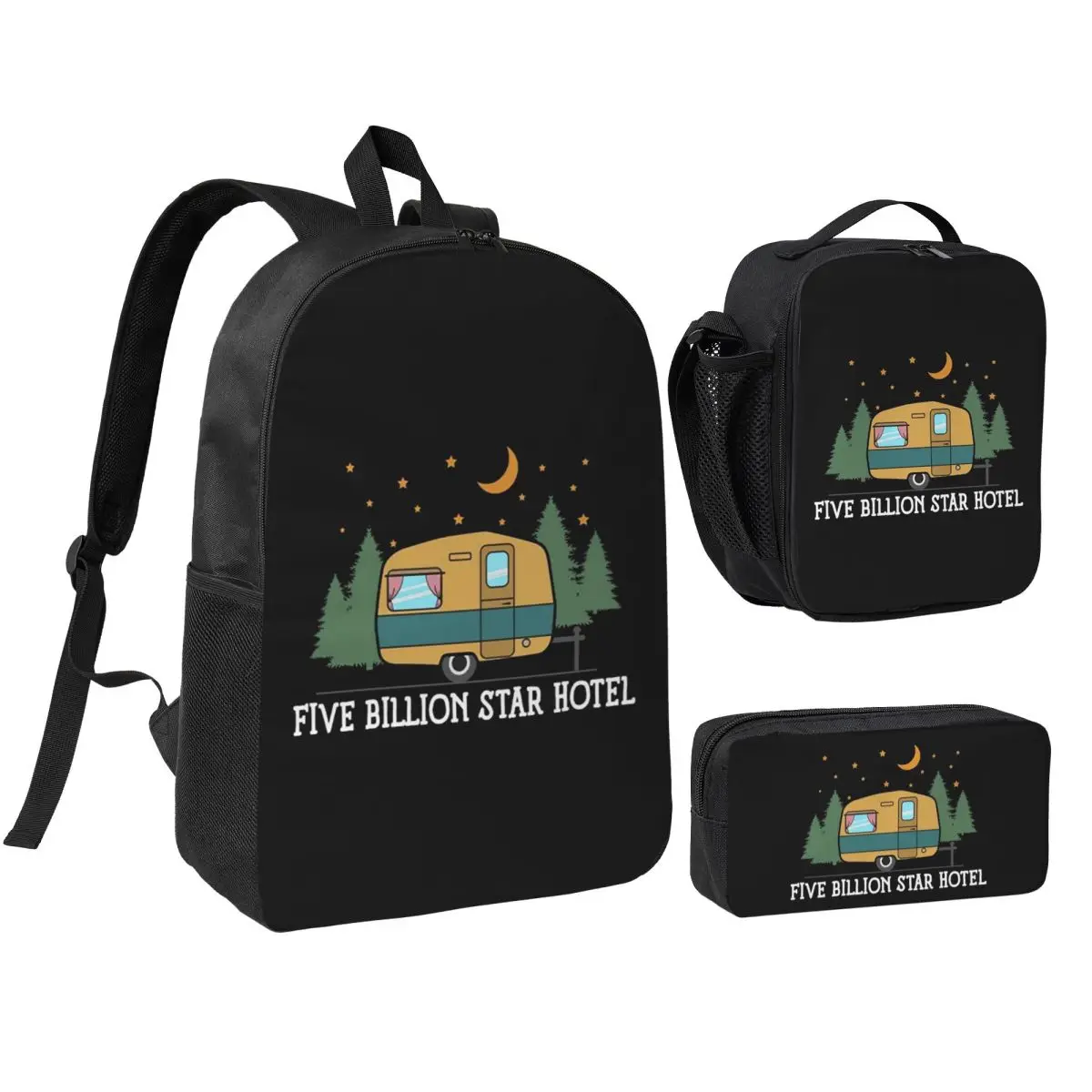 

Camping Happy Camper Backpack Student Boys Girls BookBag School Bag Computer Shoulder Bags 3ps Insulated Lunch Bag Pencil Case