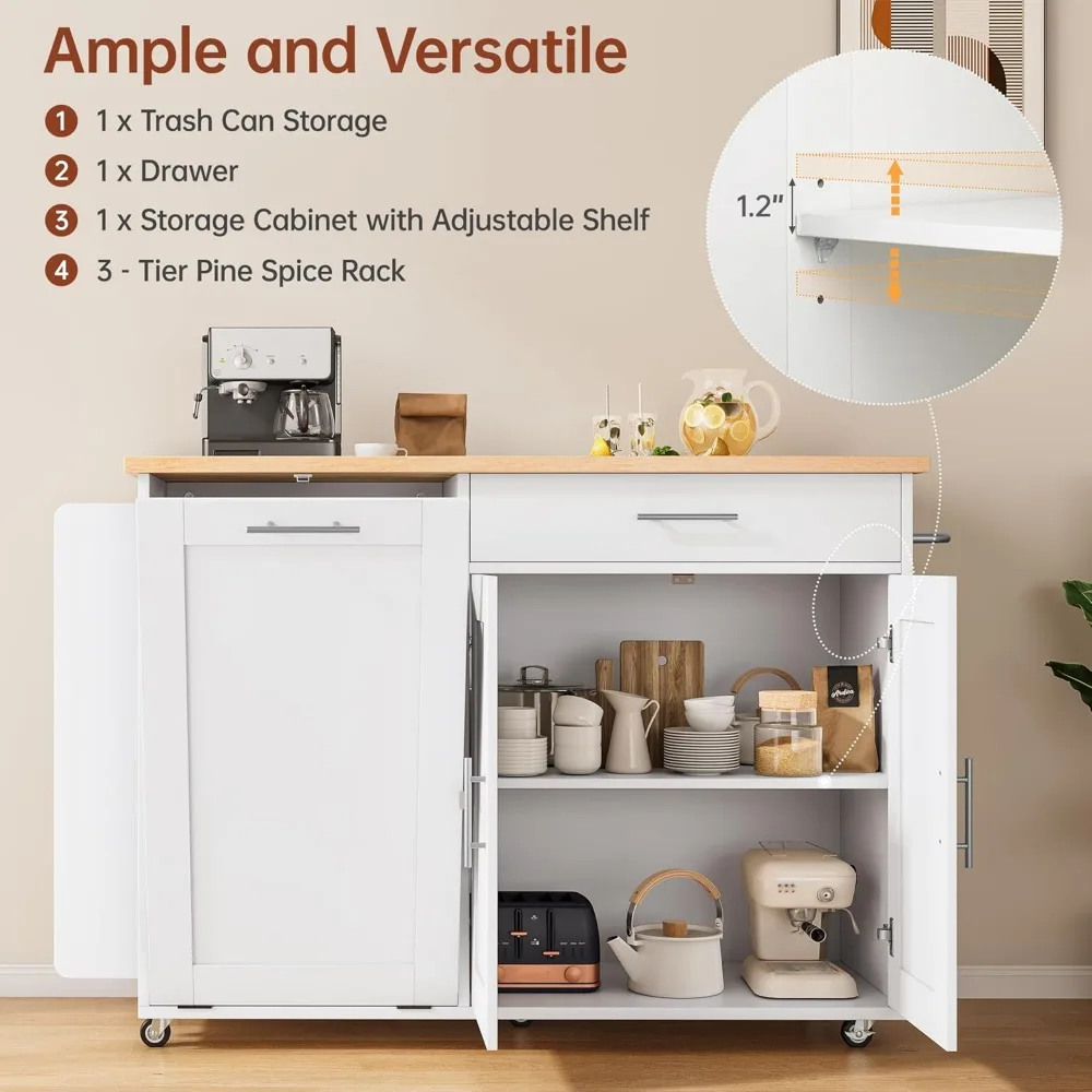 Rolling Kitchen Island with Hidden Trash Can Storage, Kitchen Island on Wheels with Storage, 3-Tier Spice Rack, Towel Rack&Drawe