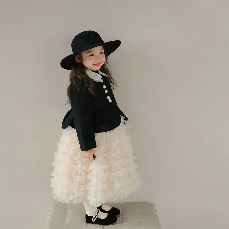 Kids Girls Princess 2pcs Clothes Set Autumn Winter Children layering Dress Black Coat Outwear+Cake skirt Wedding Elegant Suit