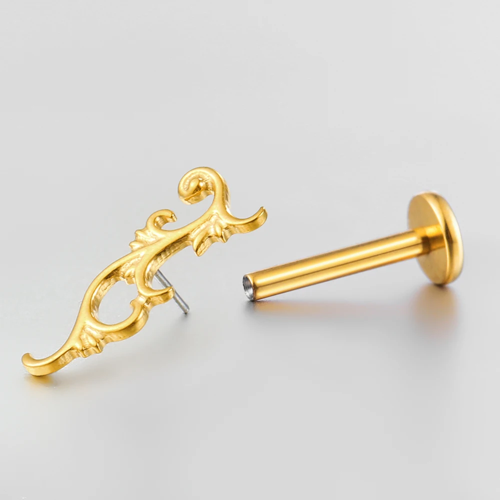 Giga 1 Stück ASTM F136 Titan Barock Rankenmuster Labret Stud Knorpelohrring Helix Flatback Piercing Schmuck Vintage