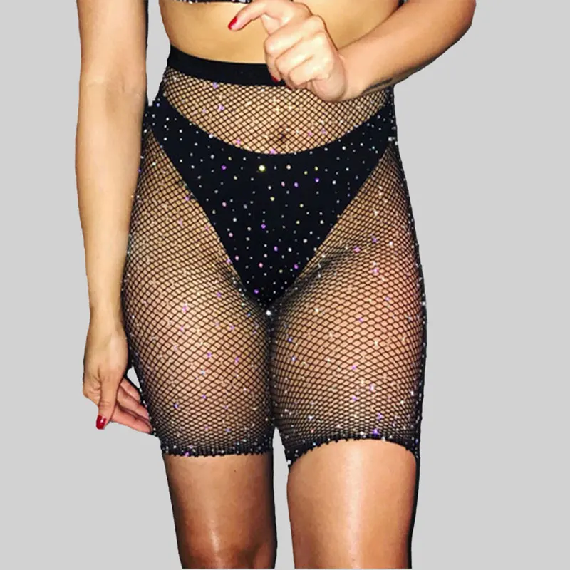 Sexy Women's Fishnet Rhinestone Black  Cycle Sports White Biker Shorts Pantyhose Mesh Sparkle Stockings Lingerie Half Short