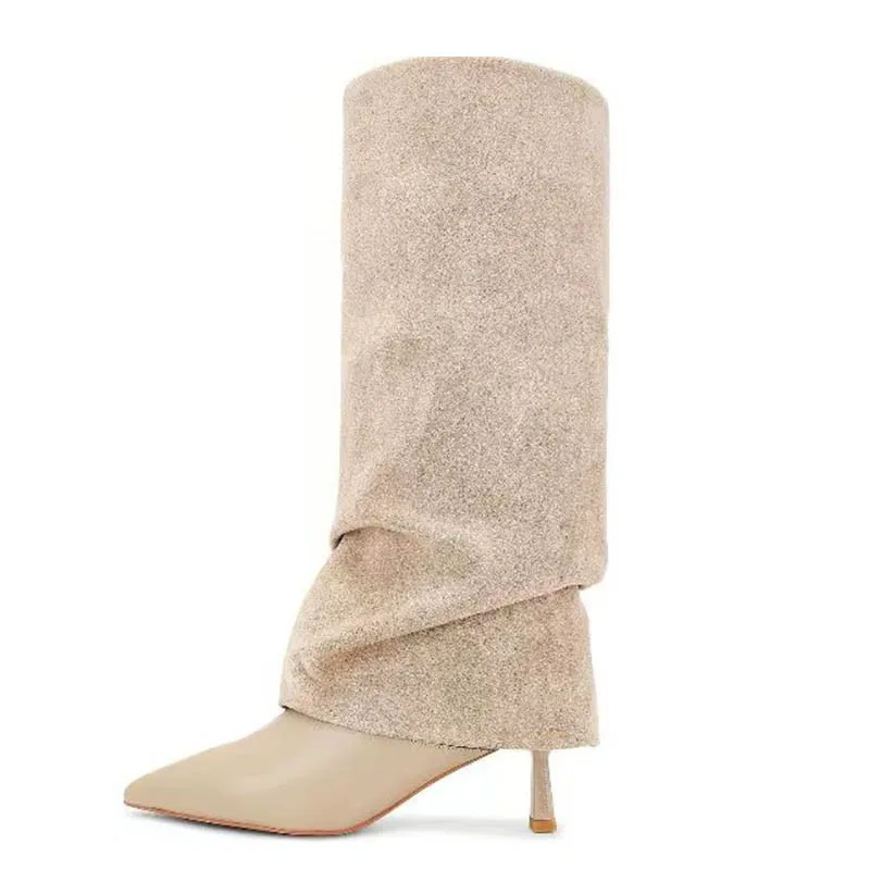 

Women Leather Knee High Slouchy Boots Fashionable Pointed Stiletto Boots with Ruched Design Glamorous Statement Making Footwear