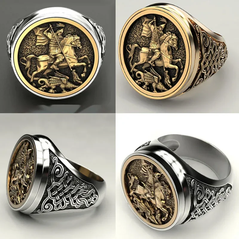 Cool Punk Vintage Engraving Knight Male Finger Ring Two-color Ancient Gold Metal Roman Soldier Malone Ring Fashion Jewelry