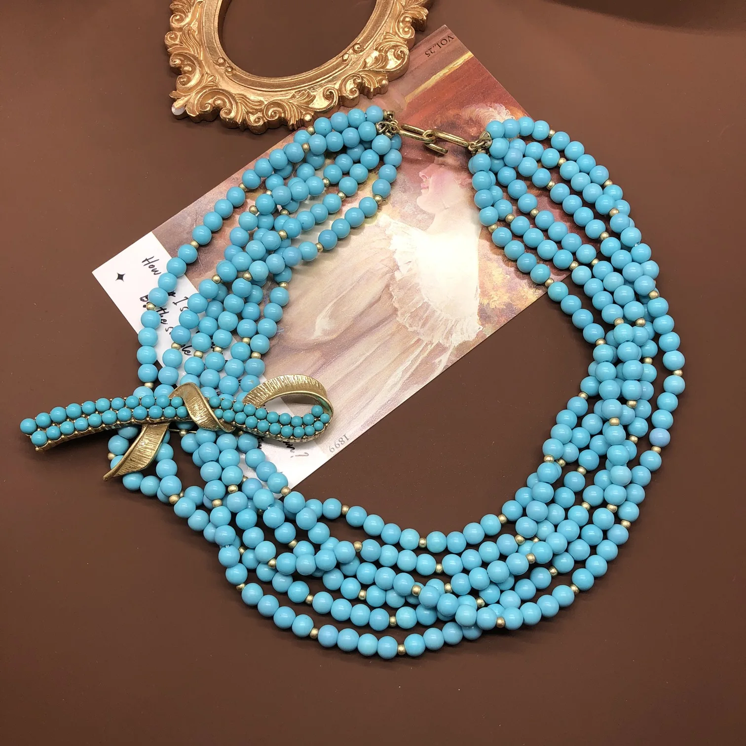 Collar retro de moda Medieval con cuentas turquesas, collar de estilo bohemio multicapa, broche, joyería