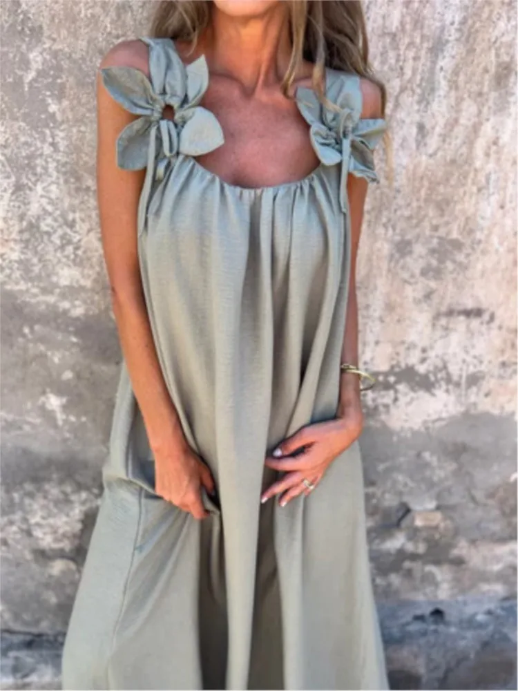 

Summer Loose Maxi Dress For Women sexy Sleeveless Flower Solid Casual Beach Holiday Long Dresses Female