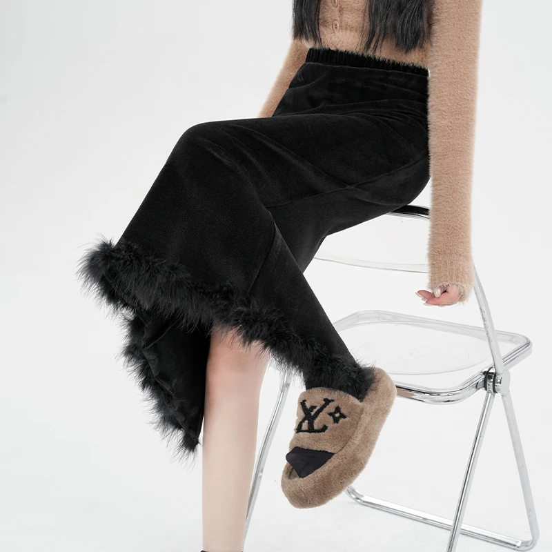 

Women Velvet Half Skirt High Waist A-Line Long Skirt Korean Solid Color Casual Thick Slit Versatile Autumn Winter New Fashion