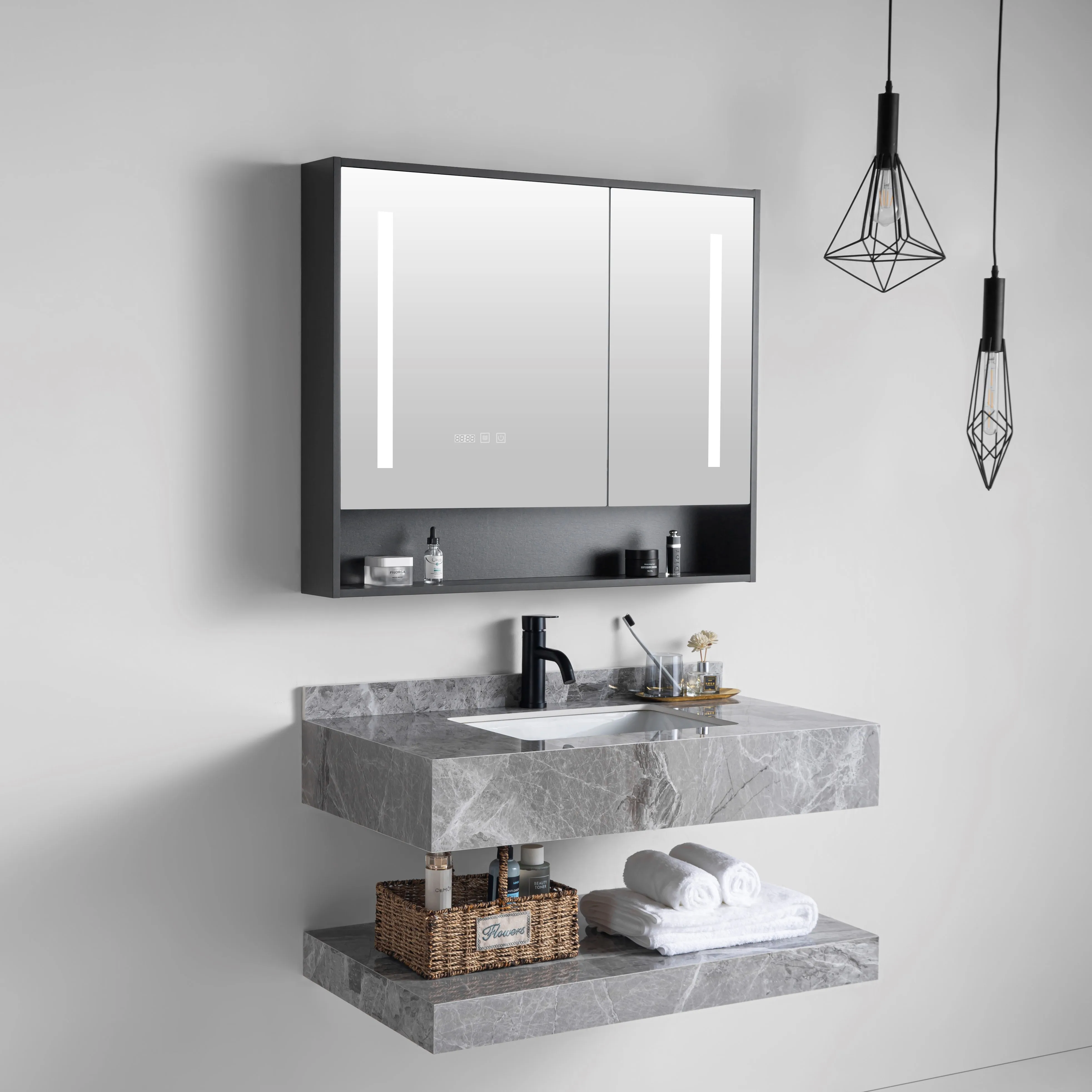 Wholesale Bathroom Vanity Wall Mounted Rock Plate Basin Cabinet Led Mirror