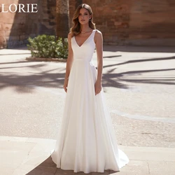 LORIE Simple Ivory Satin Wedding Dresses V-Neck Pleated A-Line Sleeveless Bride Prom Gown Backless 2024 Bridal Gowns Customized