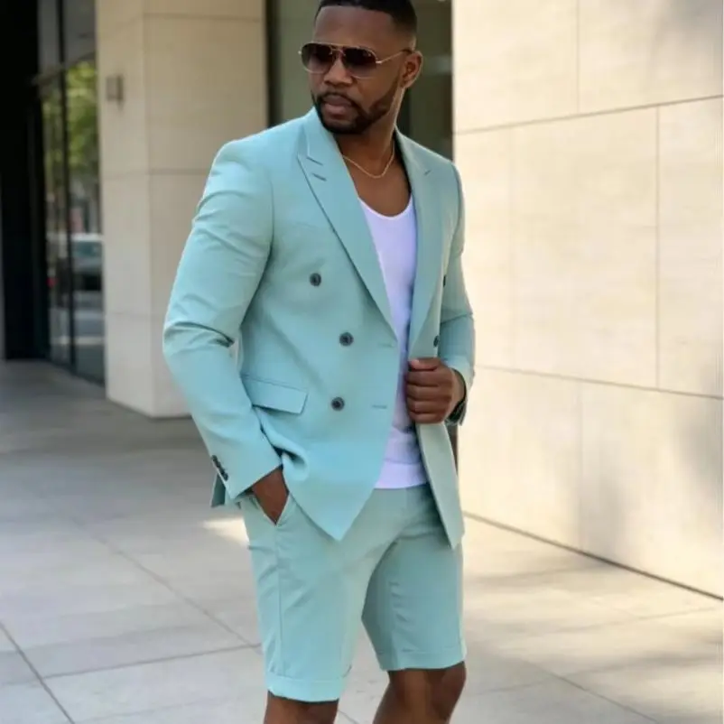 Summer Beach Mint Green Men's Suits Double Breasted Short Pants Latest Design Groom Suit Casual Business Wedding Best Man Blazer