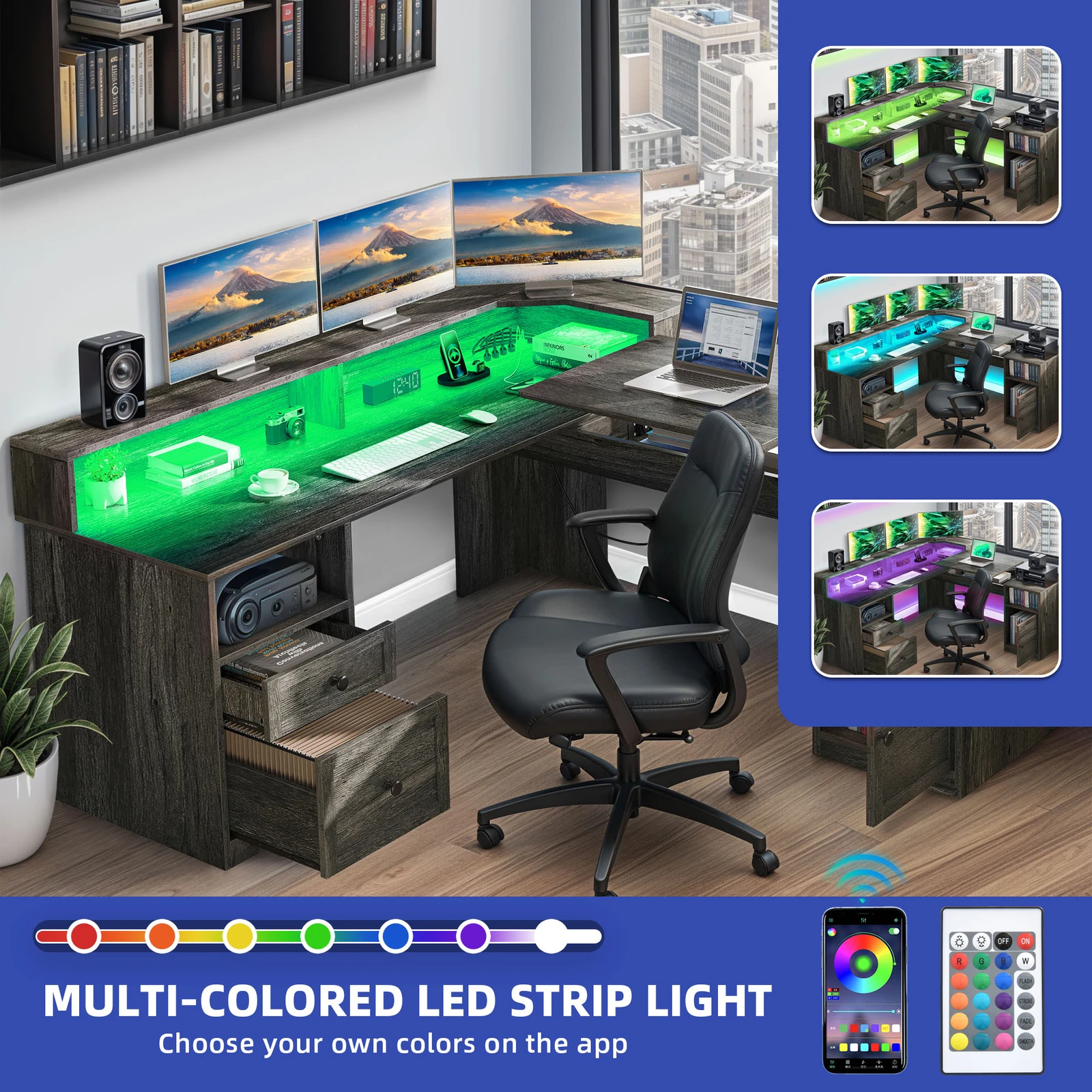 59" L Shaped Office Computer Desk Lift Top File Drawers LED Light Power Outlet