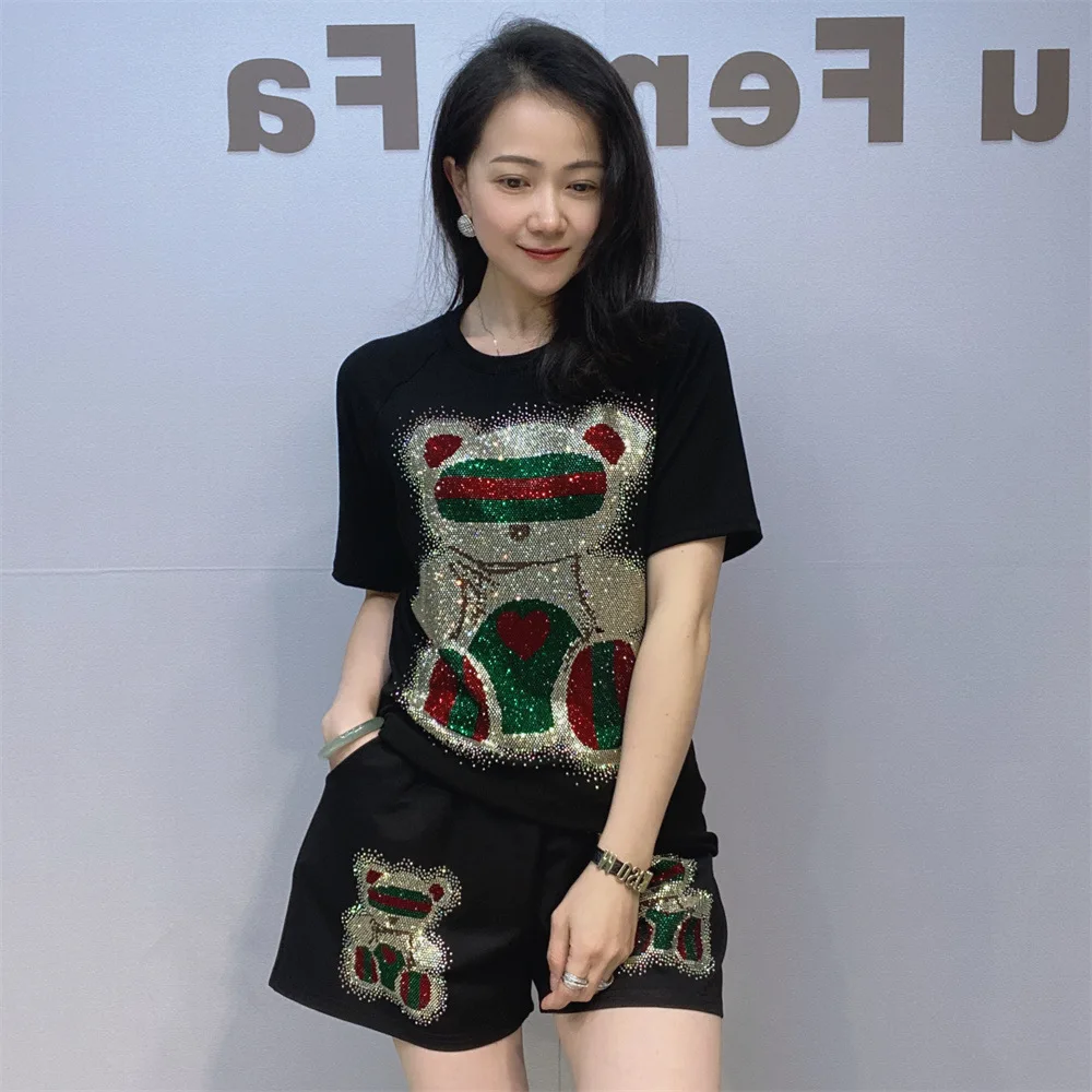 Fashion Summer Women Two-piece Set Cartoon Hot Drilling High Stretch Short Sleeve T-shirt Top + Loose A-line Shorts Casual Suits