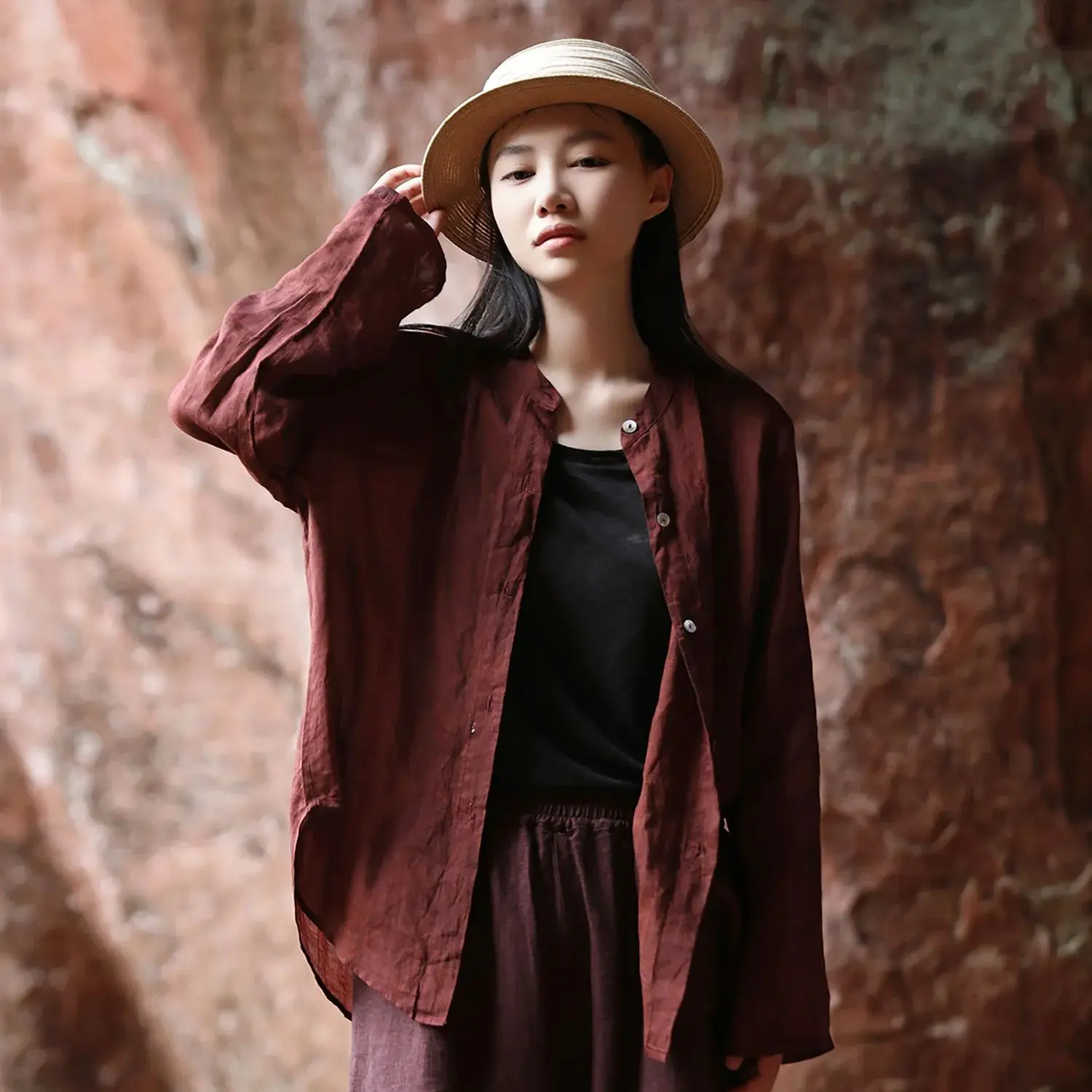 

LZJN Early Autumn Linen Solid Color Cardigan, Lightweight and Breathable Long Sleeve Loose-Fitting Arty and Retro Women's Blouse