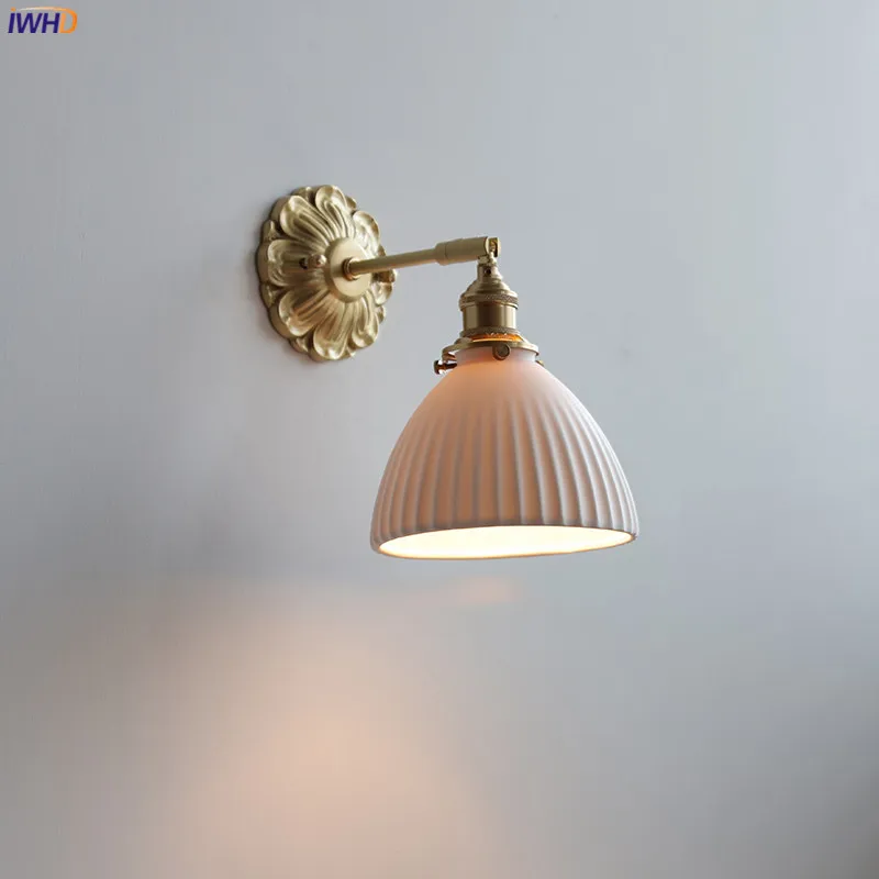 IWHD Nordic White Ceramic LED Wall Light Lamp France Style Flower Copper Base Arm Up Down Left Right Rotate Modern Wandlamp