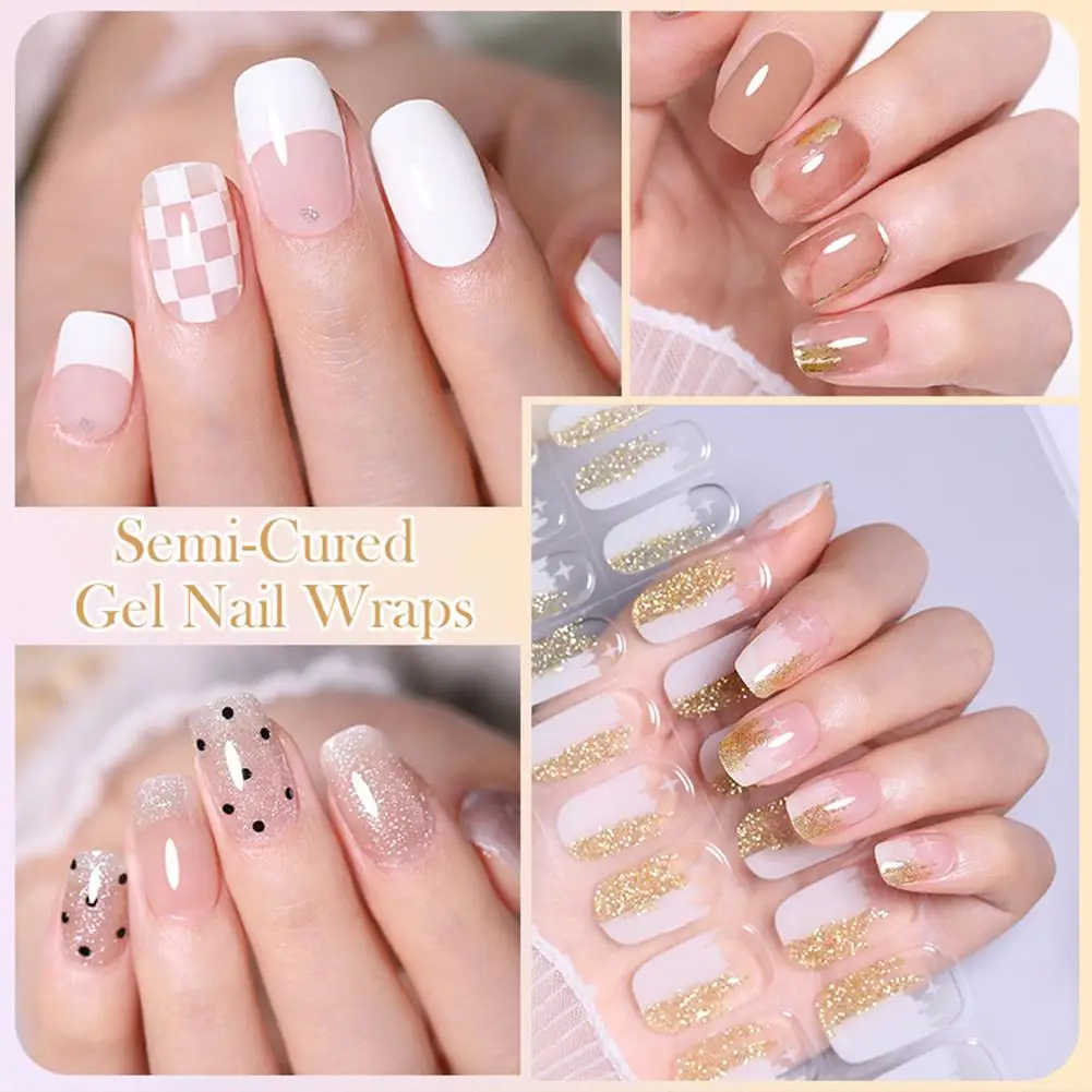 20 arkuszy półutwardzone żelowe paski do paznokci rench Nail Art błyszczące długotrwałe trwałe naklejki artystyczne do paznokci dekoracje do Manicure