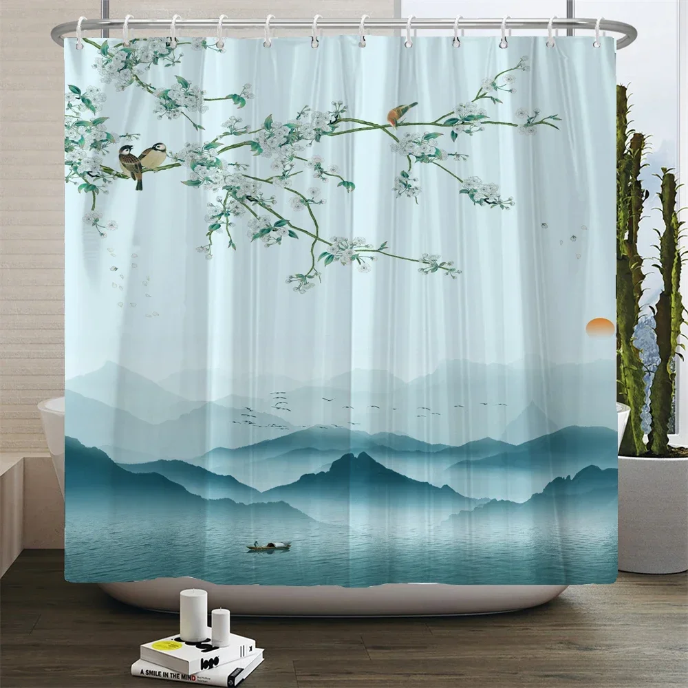 Chinese ink landscape style shower curtain scenic pattern Waterproof Fabric bath curtain washable Bathroom curtains Multi Size