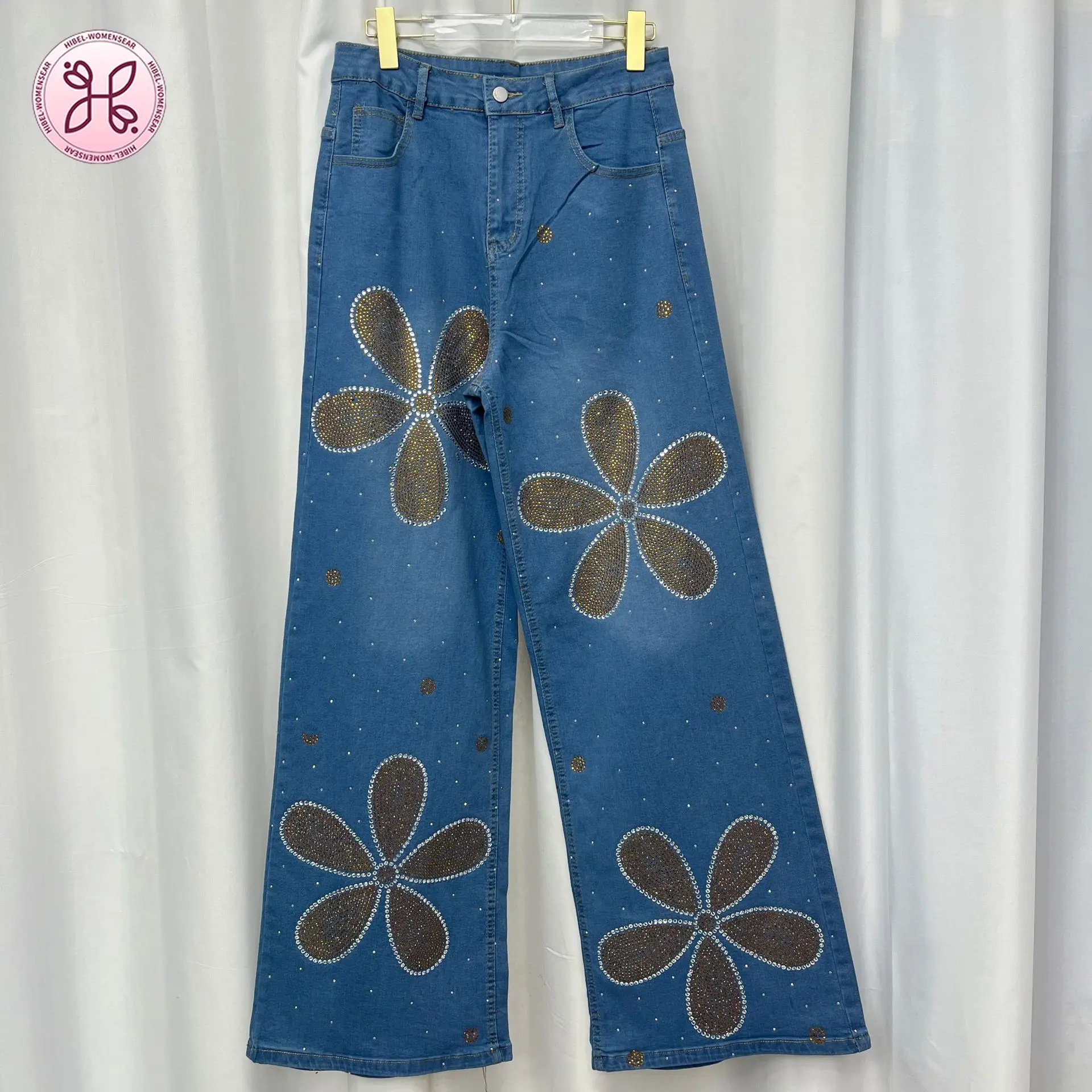 

2026 New Women's High Waist Wide Leg Jeans Gradient Rhinestone Straight Denim Pants Fashion Versatile Slim Trousers