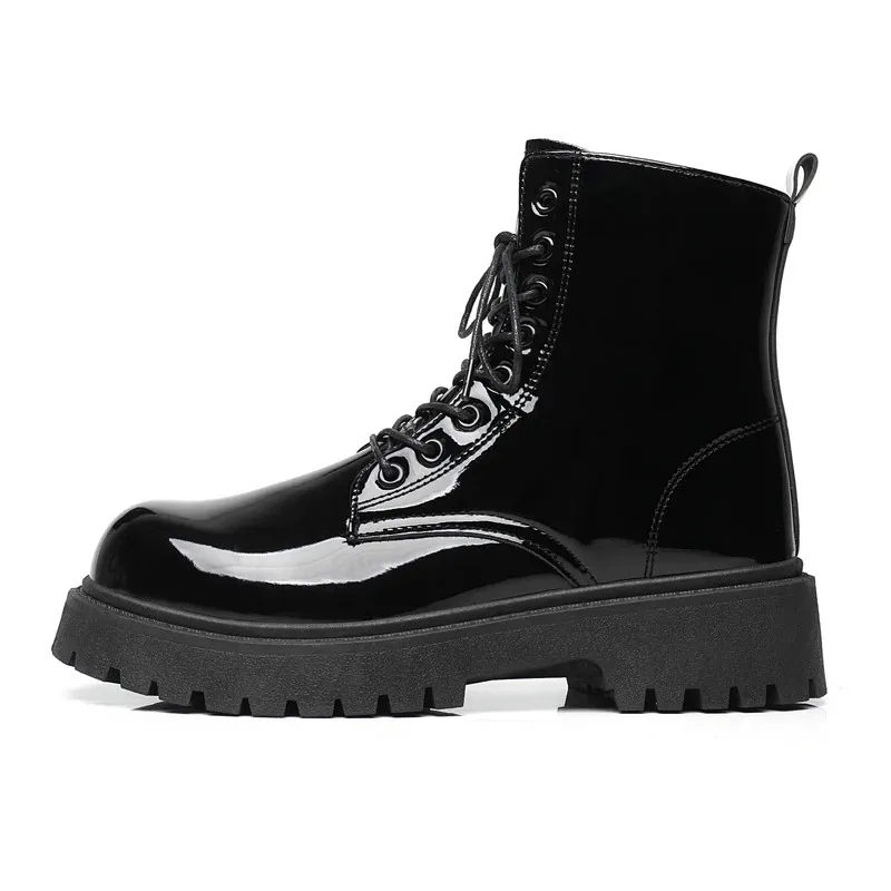 Boots for Men High Quality Patent Leather Ankle Boots Fashion Outdoor Casual Short Boots Lace Up Mens High Top Boot Botas Hombre