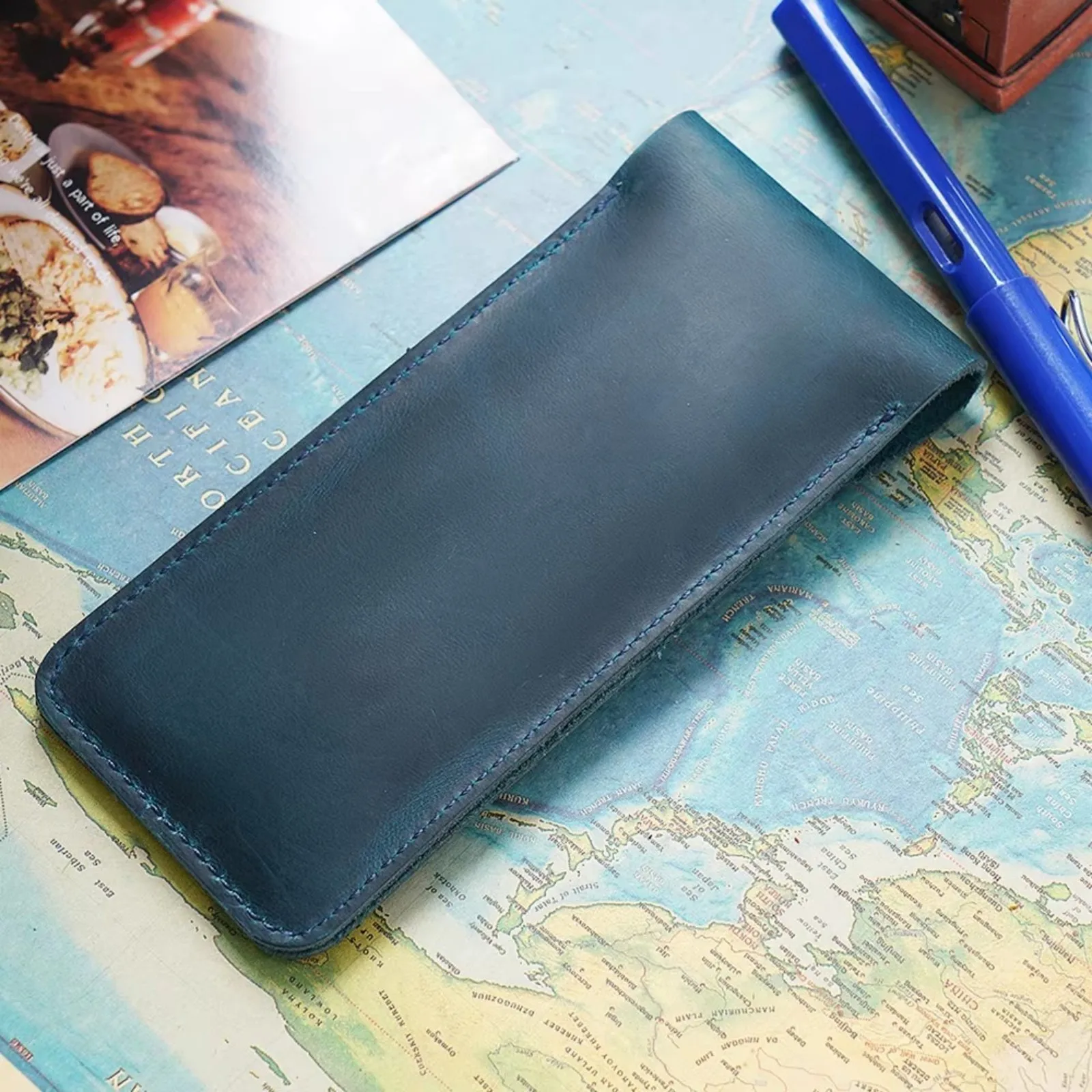 Bolsa de caneta de couro genuíno artesanal, bolsa de lápis de couro vintage estilo retrô, acessórios para diário de viagem