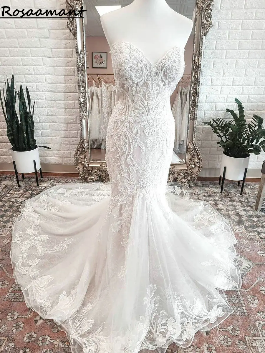 Vestidos de novia de sirena sin mangas con imagen Real, vestidos de novia de campo de encaje con apliques 3D