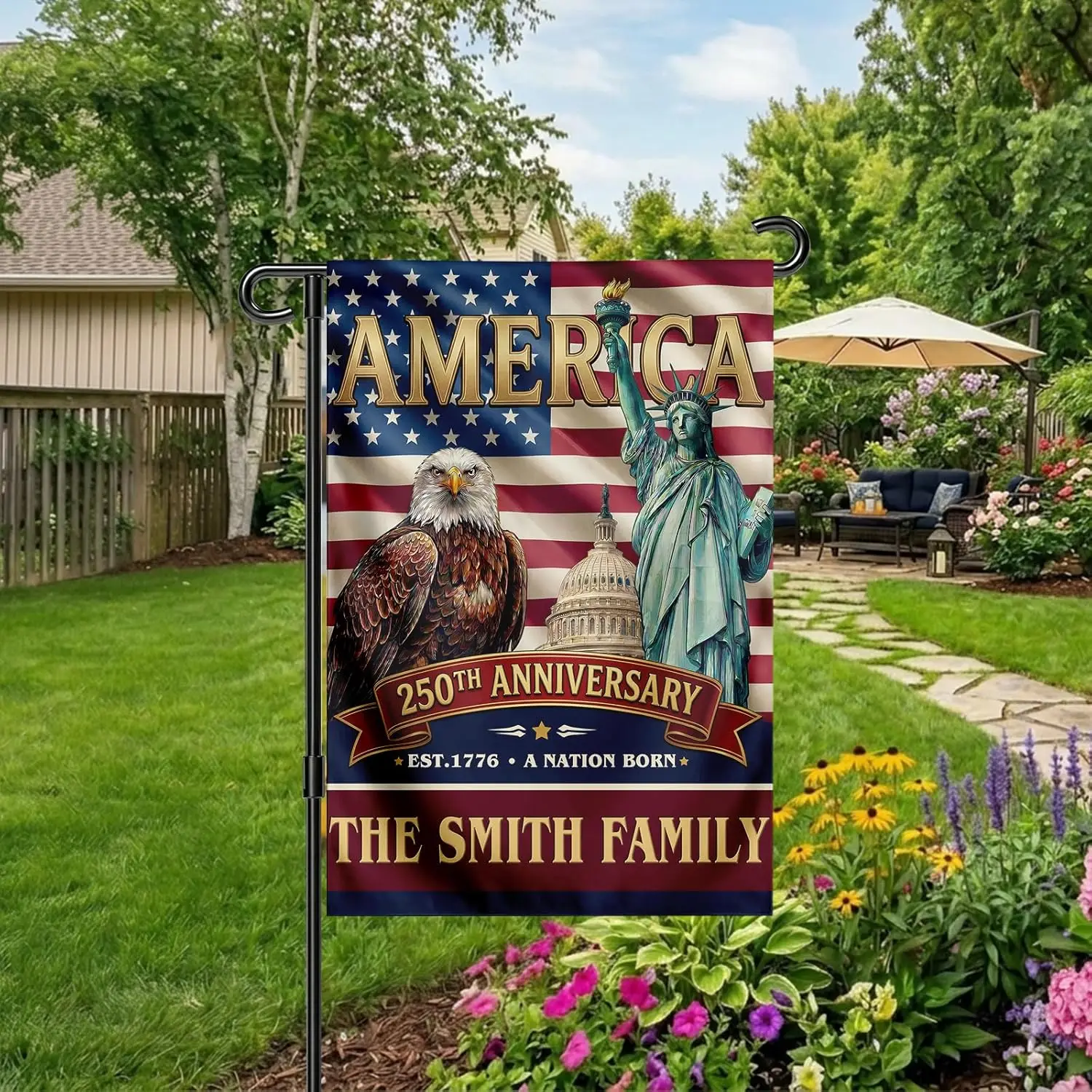 Custom 250 Anniversary USA Garden Flag with Family Name, American Patriotic Eagle & Statue of Liberty Banner for Outside AAM - view 2