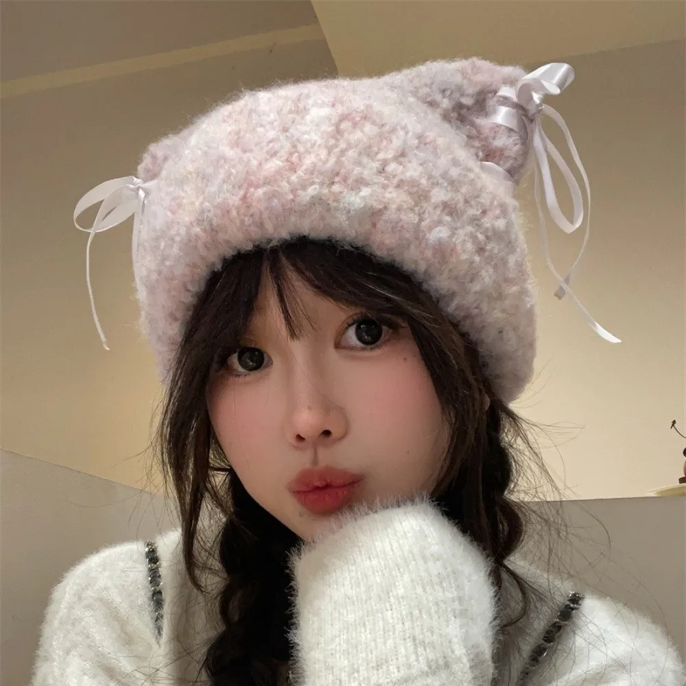 

Cute Windproof Cat Ear Beanie Sweet Bow Ribbon Color Straps Pullover Hat Thickened Warm Handmade Knitted Beanie for Women Girl