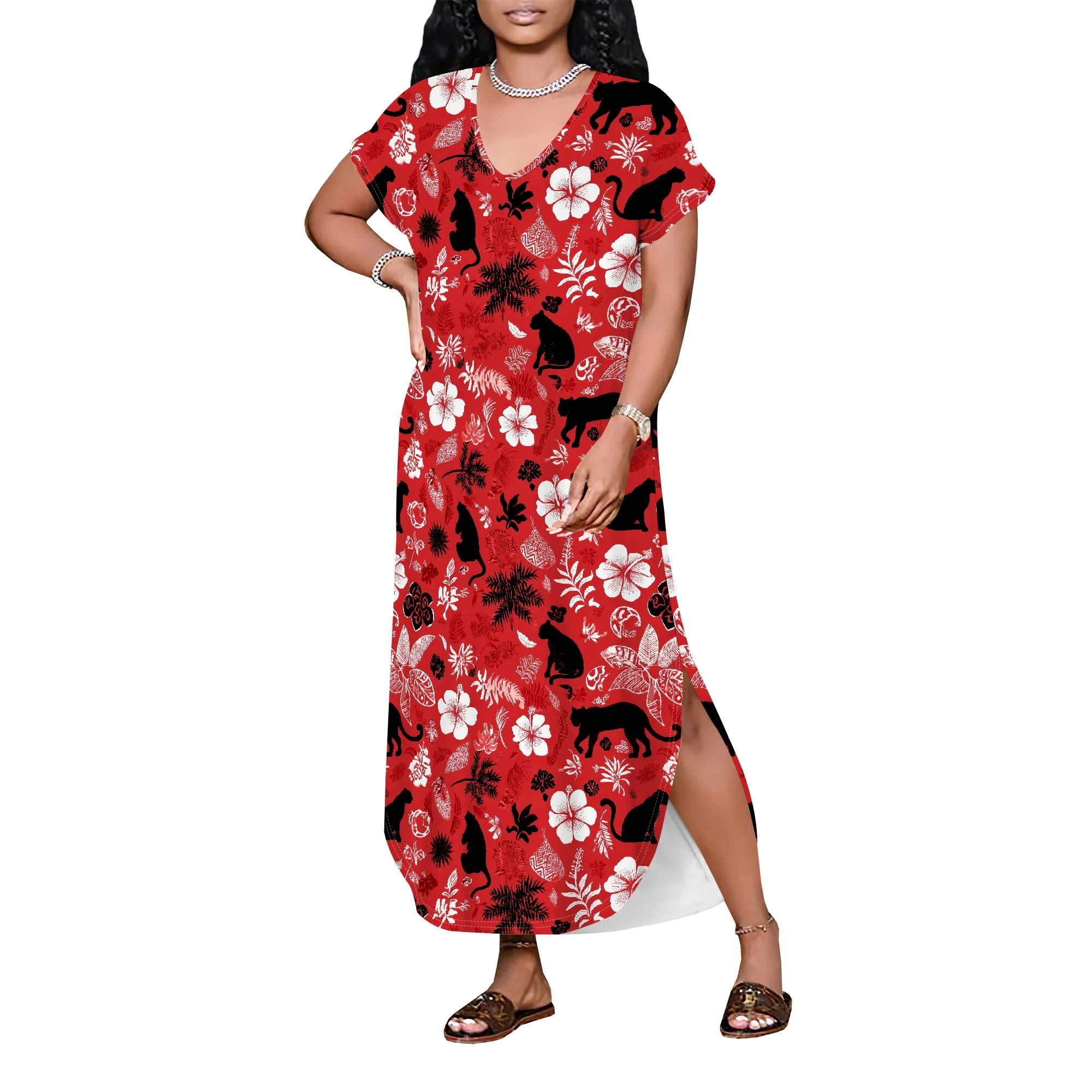 Abito estivo da donna casual a maniche corte con scollo a V, maglietta lunga, maxi abiti da spiaggia con spacco laterale ampio e tasca