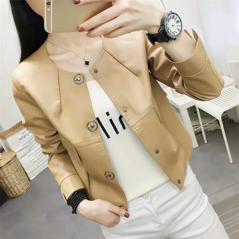 Tops de cuero de talla grande 4XL para mujer, abrigo holgado de piel sintética para primavera y otoño, prendas de vestir coreanas para mujer, chaqueta de cuero PU de ocio