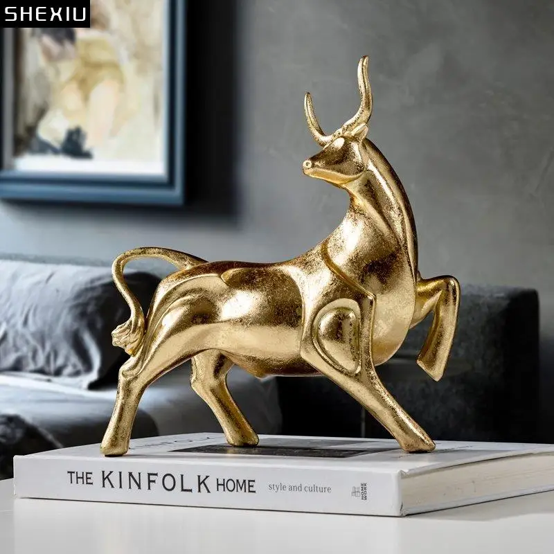 

Golden Bull Statue Desk Decoration Gold-plated Cattle Crafts Abstract Animal Sculpture Modern Home Decor Living Room Furnishings