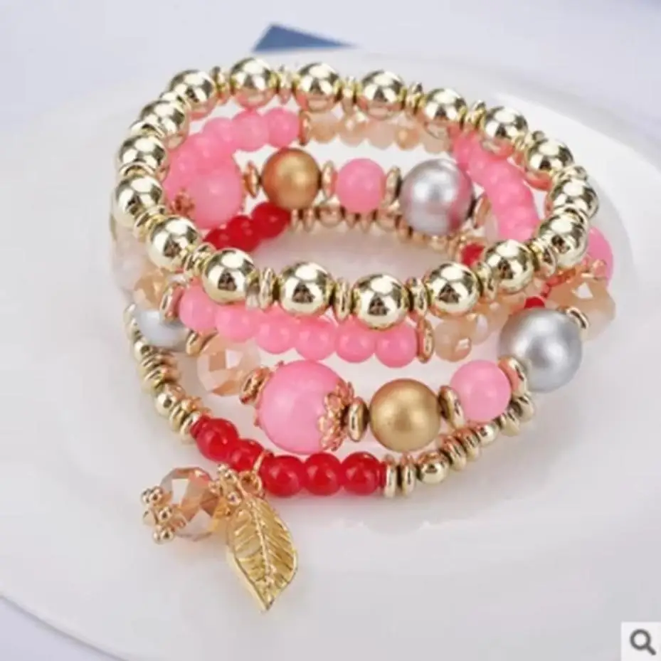 Beautiful 4 Pcs Fashionable Simple Crystal Bead Pendant Branches Leaves Versatile Multi-layer Bead Temperament Women's Bracelet