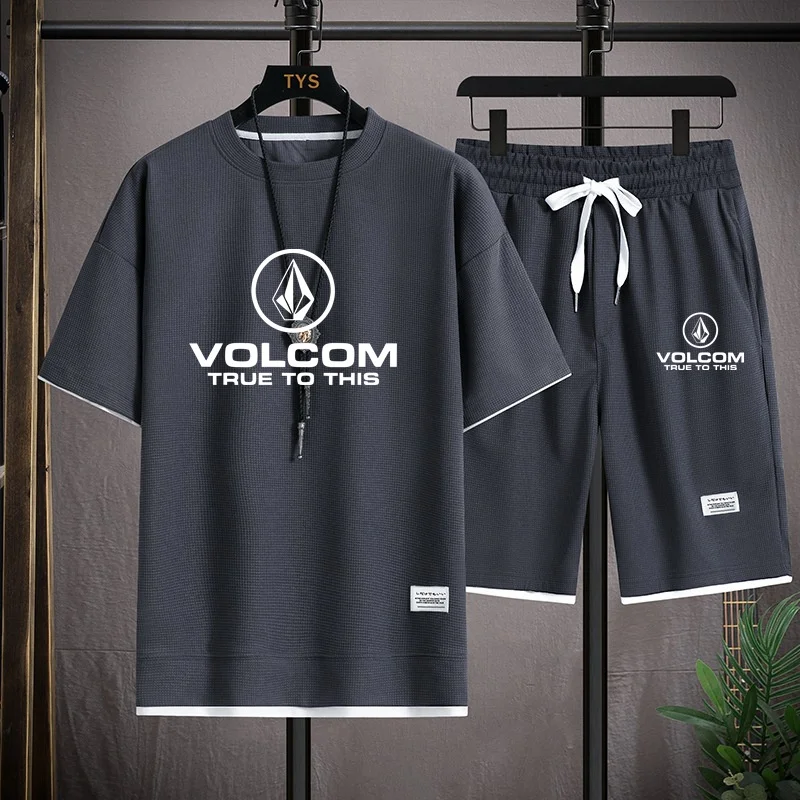 Summer VOLCOM Men\'s Tracksuit T-shirt + Shorts Suit Sports Print Casual Fashion Short-sleeved T-shirt Suit Men\'s Jogging Suit