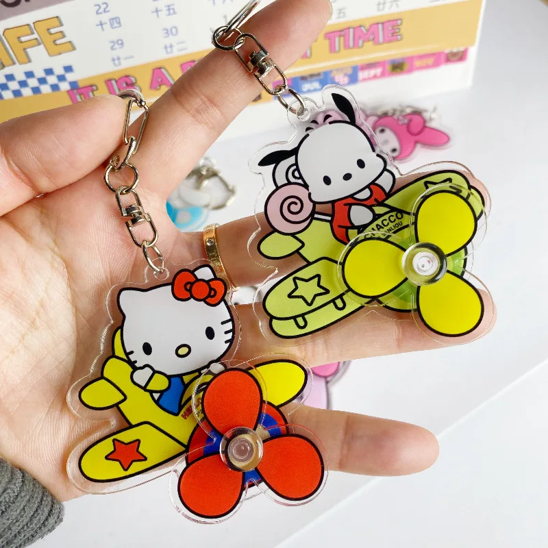 Sanrio Acrylic Keychain HelloKitty Kuromi Cinnmoroll Melody Cute Student Backpack Rotating Aircraft Keyring Toys Keyring Gifts