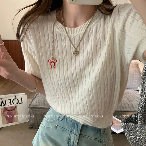 2024 Summer New Round Neck Short Sleeve Retro Twist Bow Knit Sweater Women\'s College Style Versatile Top