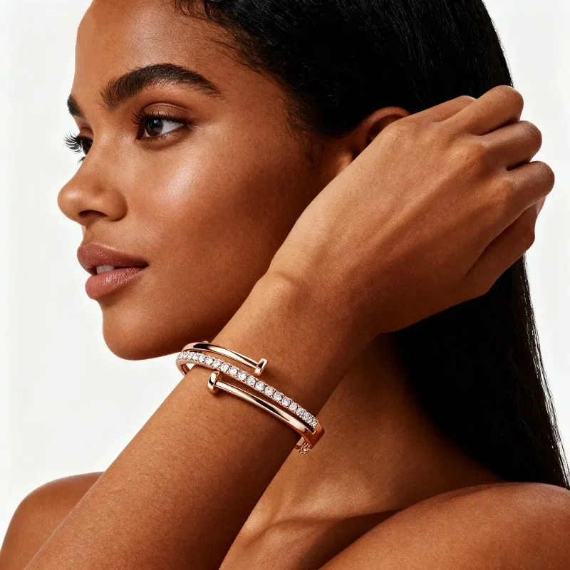 Fashion Nail Shape Cuff Bracelet Embellished with Swarovski Crystals for Women Couple 18k Rose Gold Plated Brass Jewelry Gift