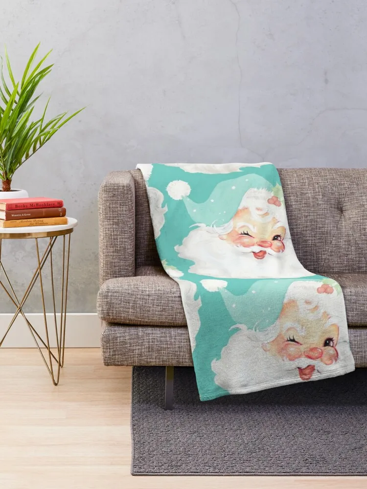 Light Blue Vintage Christmas Winking Santa Claus with Aqua Hat Throw Blanket valentine gift ideas Hairys Weighted anime Blankets