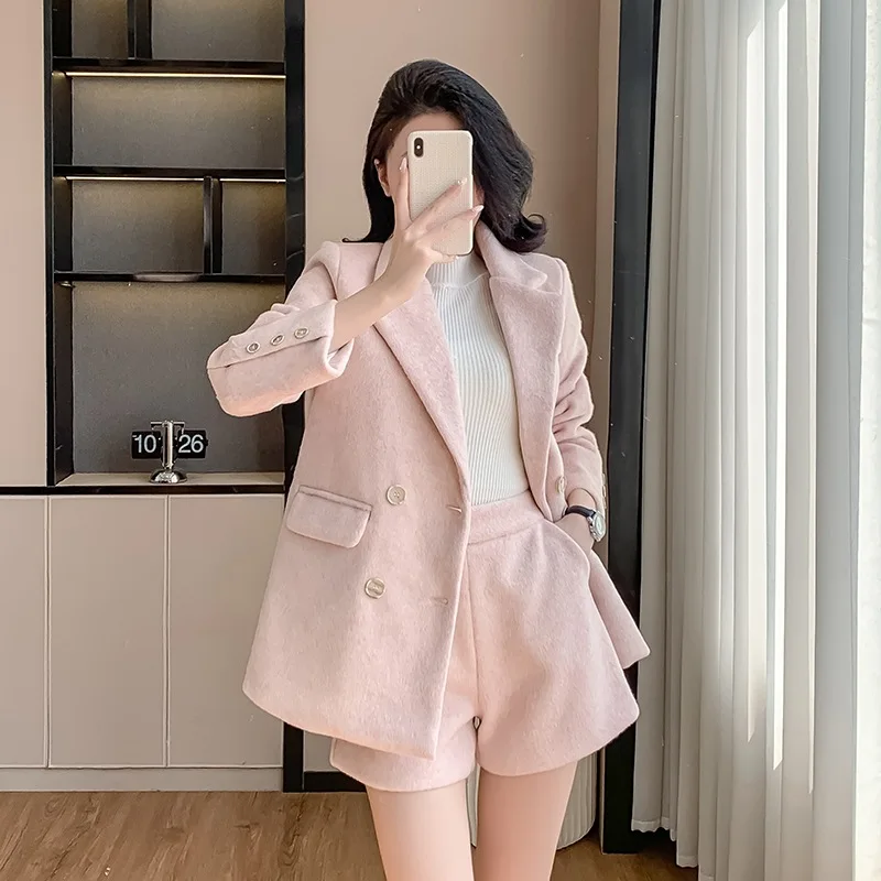 Women's coarse woolen 2-pcs set pink jacket+shorts 2024 new autumn and winter small fragrance style set