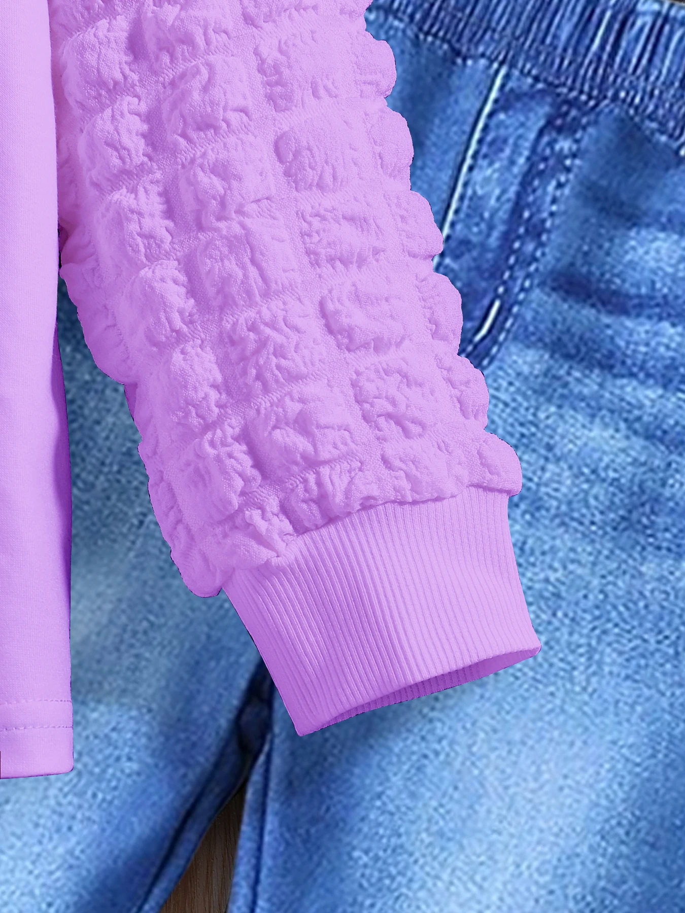 2-piece Spring/Fall Girls Fashion Casual Suit Purple round neck cartoon girl print puffy sleeve top + blue stretch slim pants