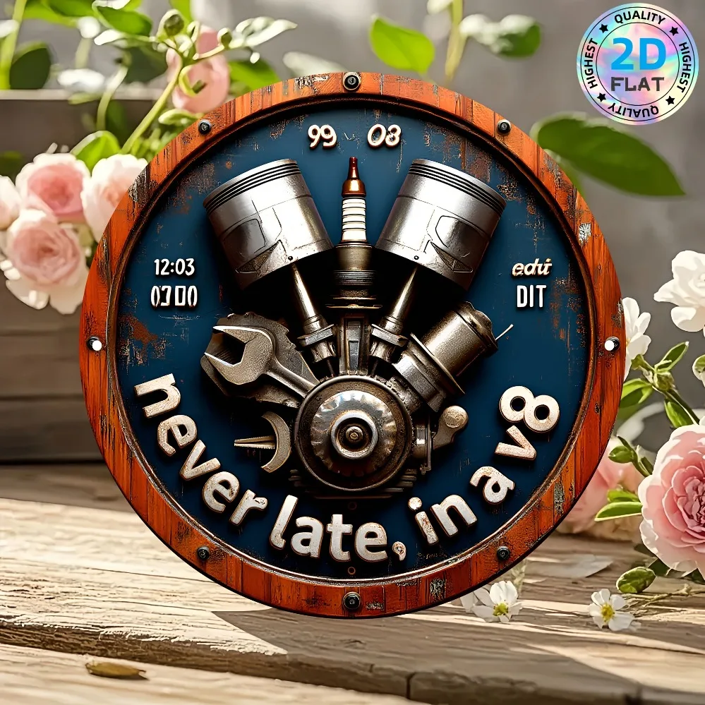 2D Flat Retro V8 Engine Metal Wall Plaque - Rustic Blue & Orange Garage Decor | Features Wrench & Oil Barrel Designs