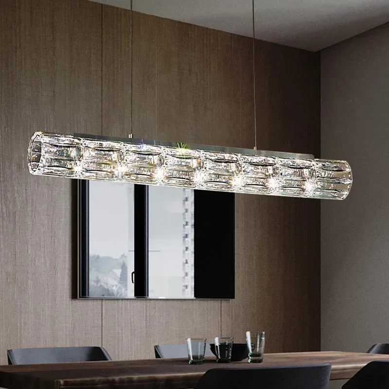 Golden Luxury Crystal Pendant Lamp Modern Interior Decoration Bar Dining Living Room Ceiling Chandelier One-Word Long LED Light