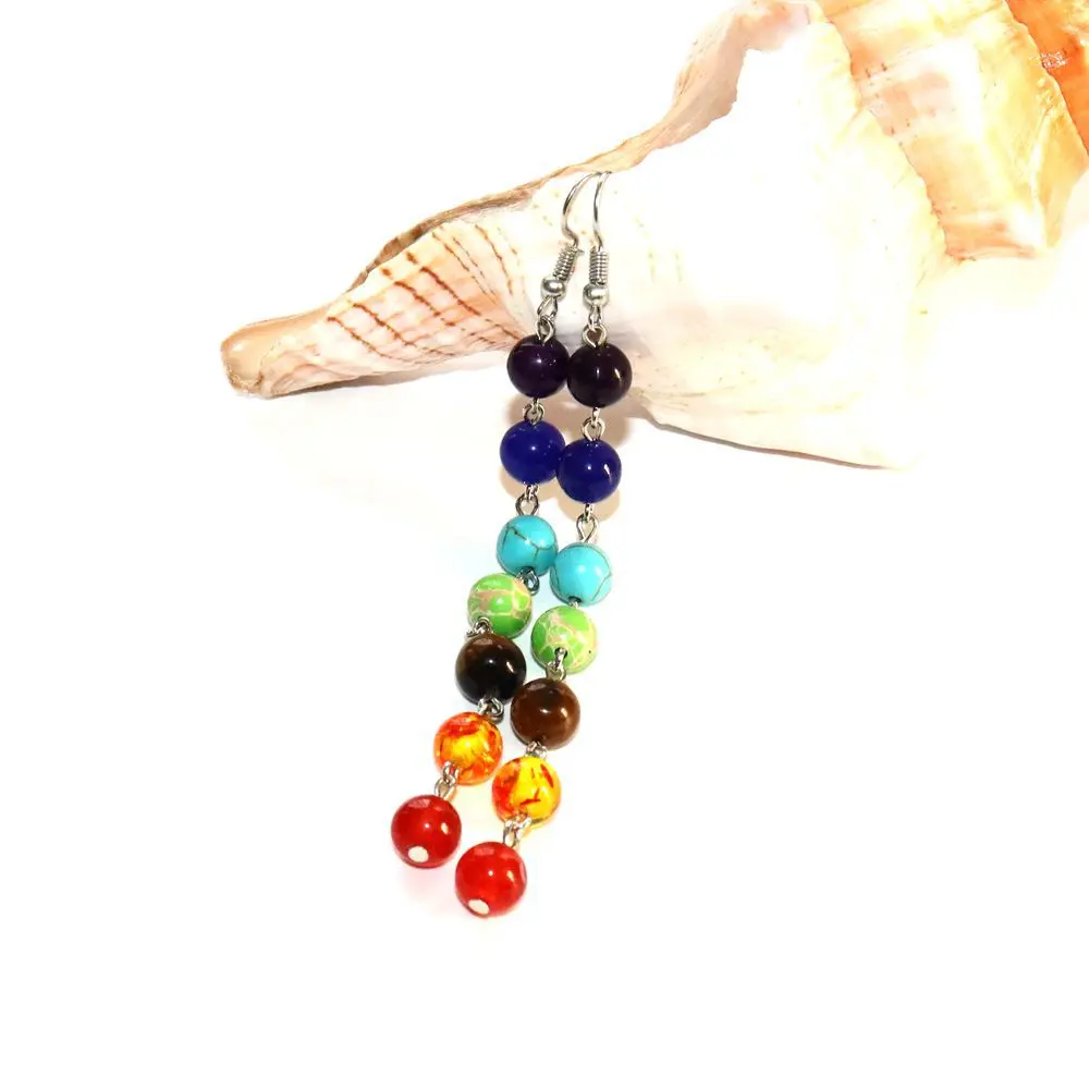 7 Chakra Rainbow Stone Beads Earrings Women Long Fringed Statement Beads Earring Reiki Healing Jewelry Gifts