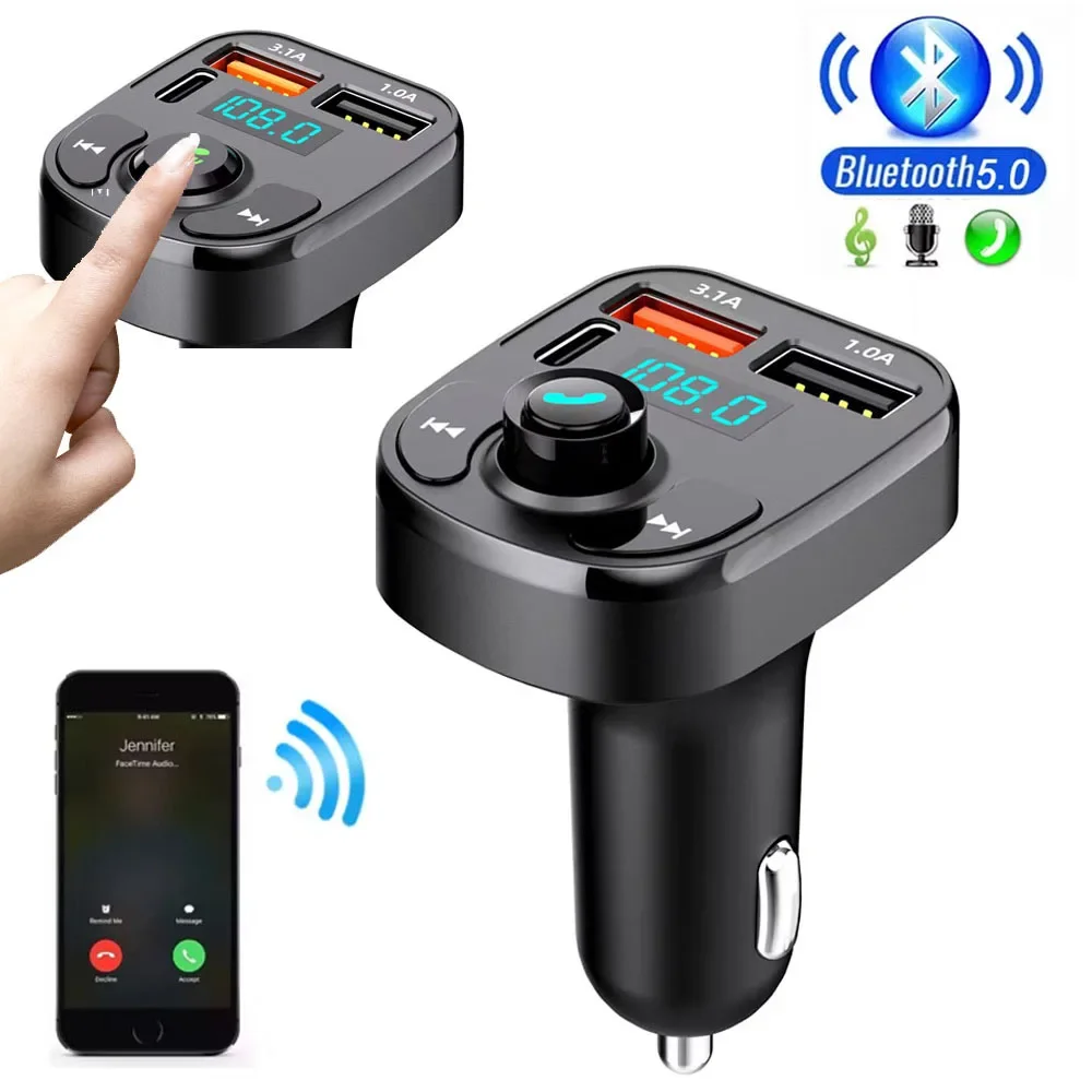 Bluetooth 5.0 FM Transmitter Car Kit PD Type-C Dual USB Car Charger Mp3 Player Handsfree Call Phone Charger with Voltage Display